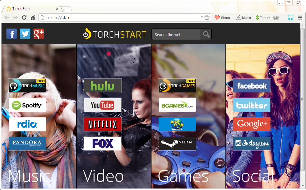 torch browser review download audio video social initial screen chose from several activities rdio hulu etc
