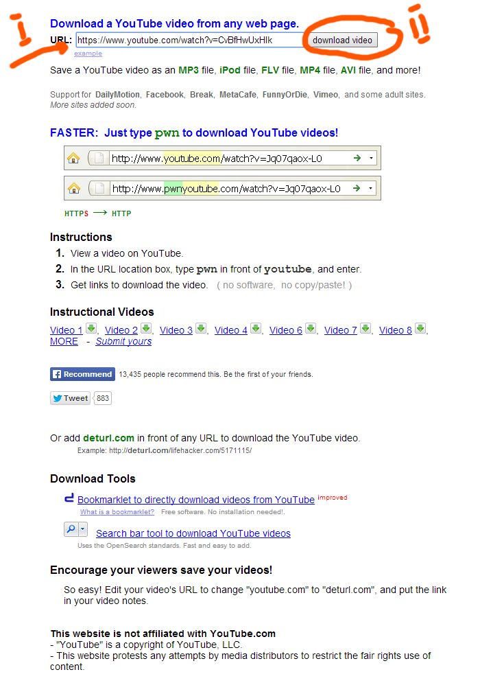 deturl pwnyoutube download streaming video howto helper review bookmarklet step 1 initial screen plus enter the