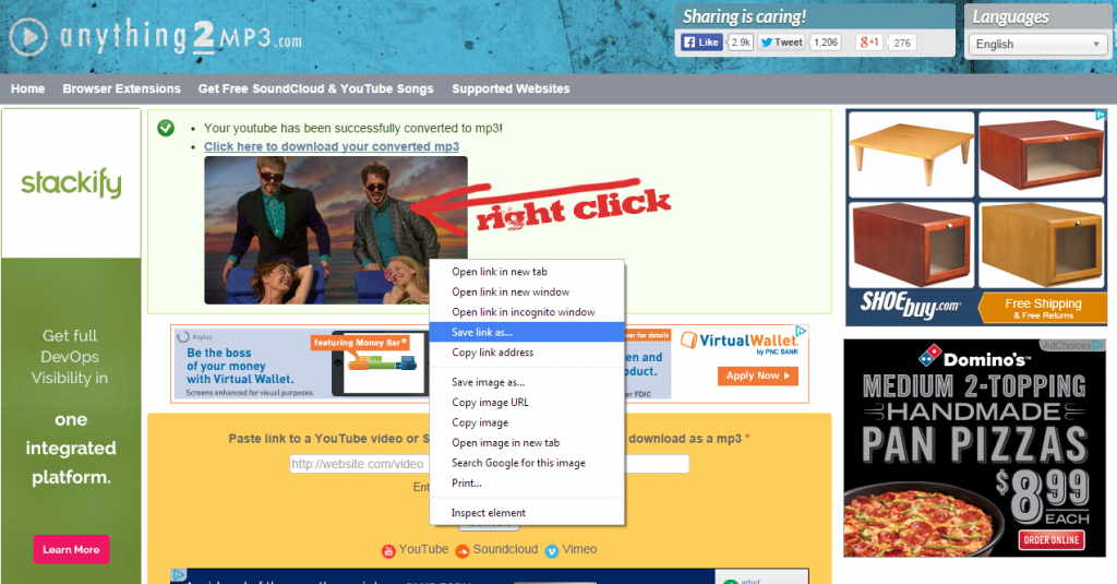 anything2mp3.com anything 2 mp3 convert any online video to audio and save - right click on the picture or link shown and select save as