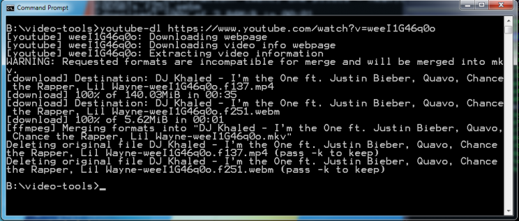 cmd with youtube-dl downloaded justin bieber video