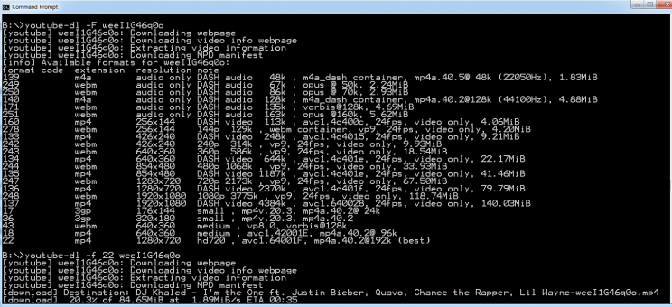 youtube-dl video format selection example