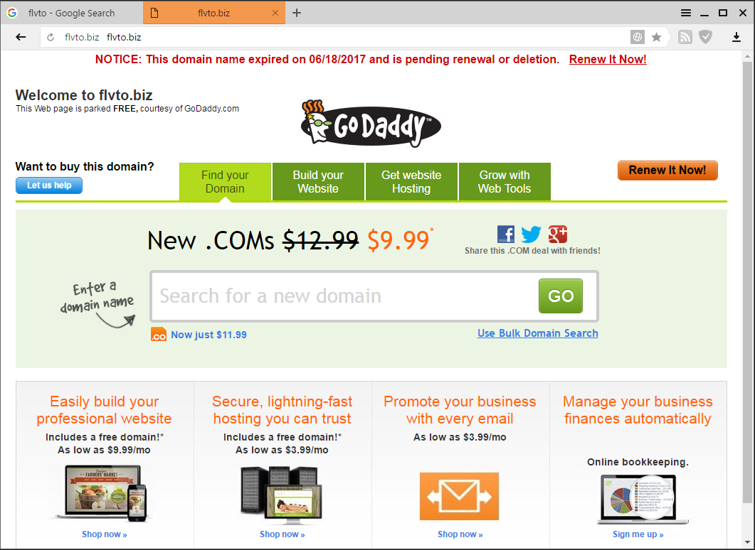 flvto.com redirects to flvto.biz which shows godaddy domain expired page