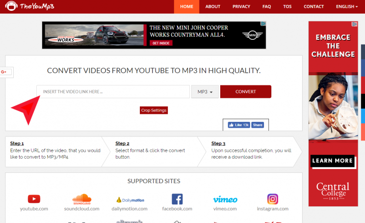 theyoump3,com download conver youtube to mp3 step 1 index page