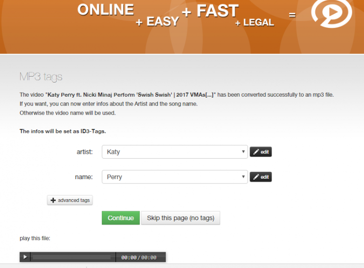 convert2mp3.net download youtube to mp3 tutorial step 4 adjust id tags and stop start
