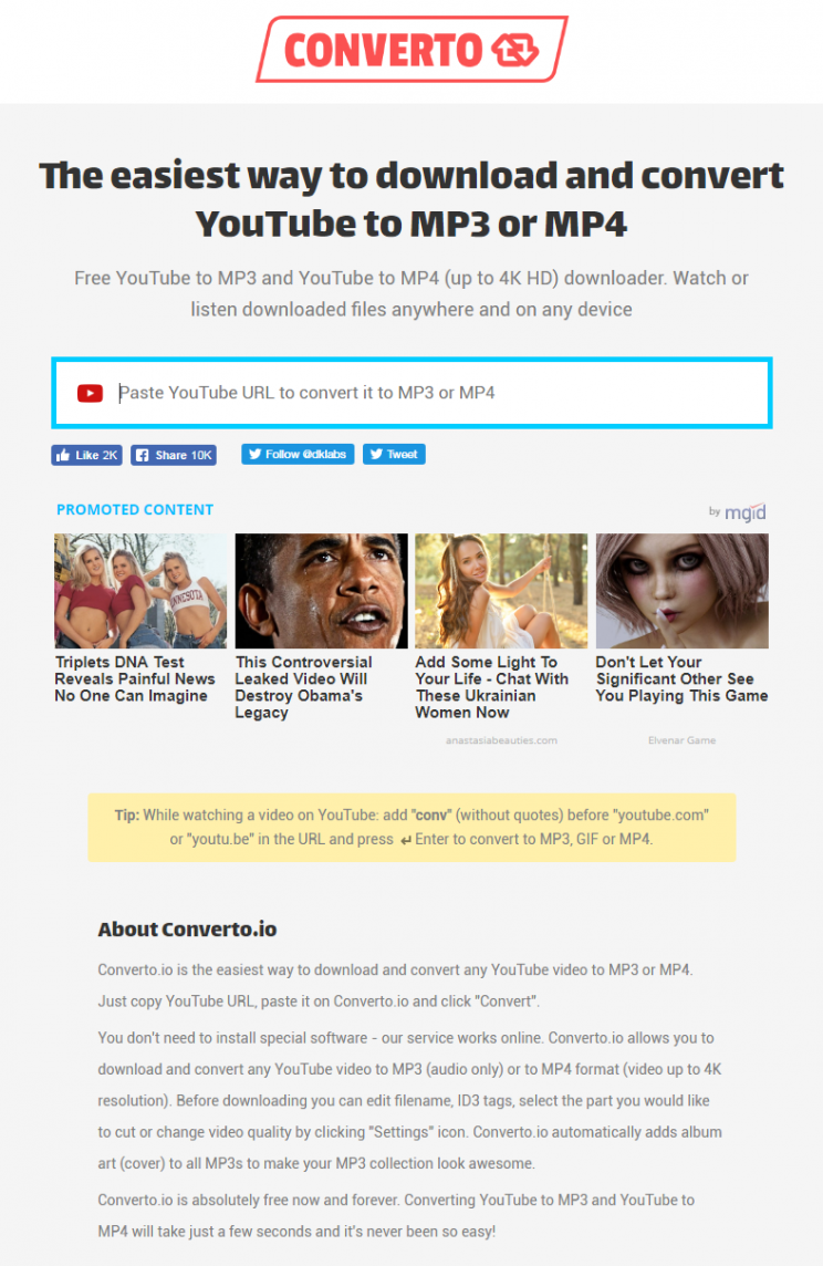 converto.io youtube to mp3 converter step 1 front page