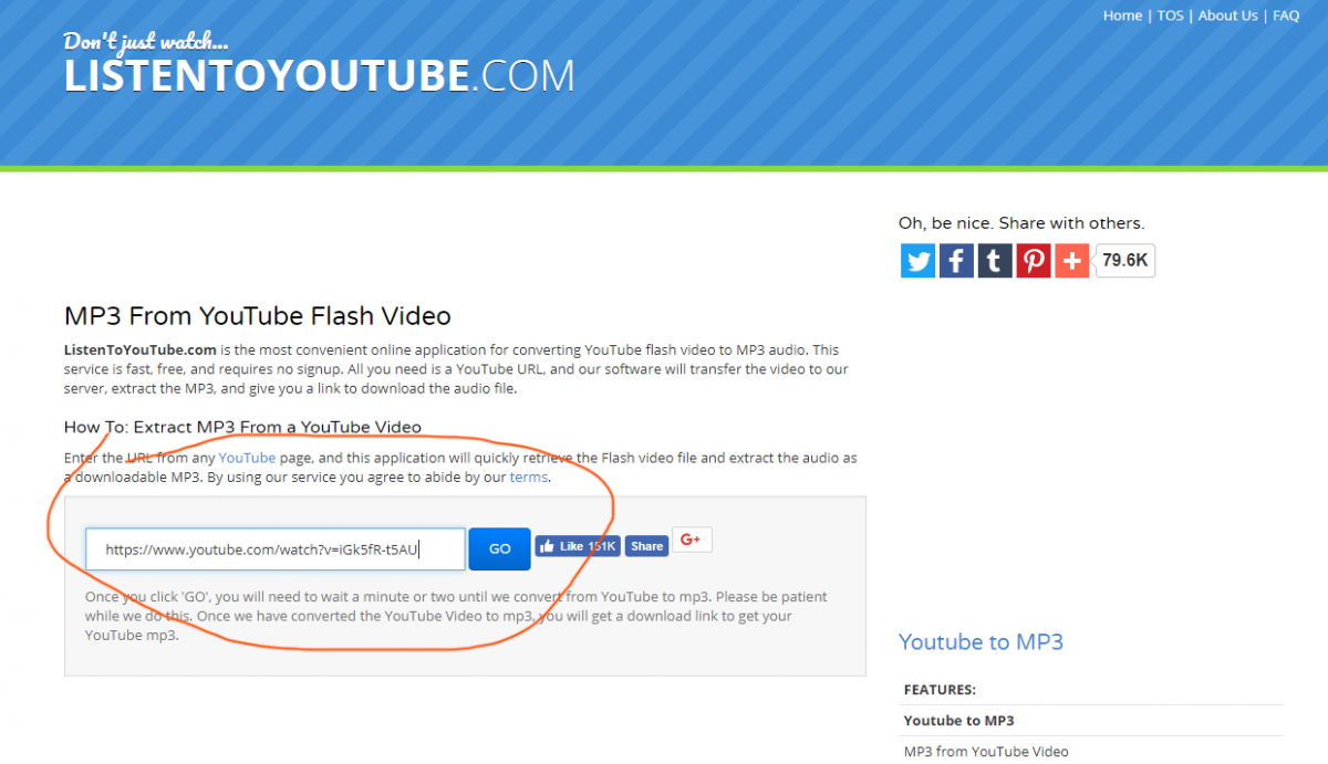 listentoyoutube.com tutorial step 1 insert youtube url