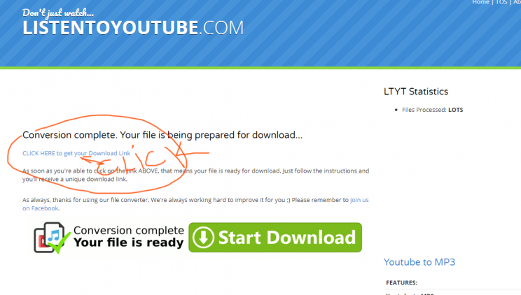 listentoyoutube.com tutorial step 2 wait and click the tiny link