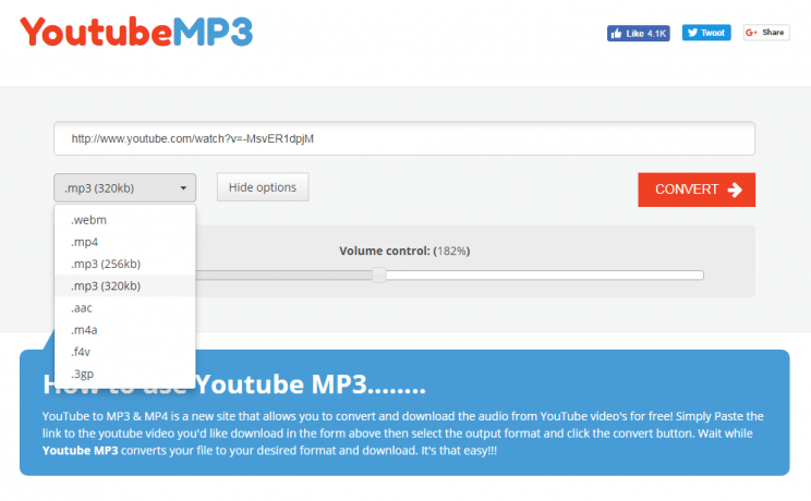youtubemp3.to quick tutorial and review convert youtube to mp3 step 2 select conversion format and options