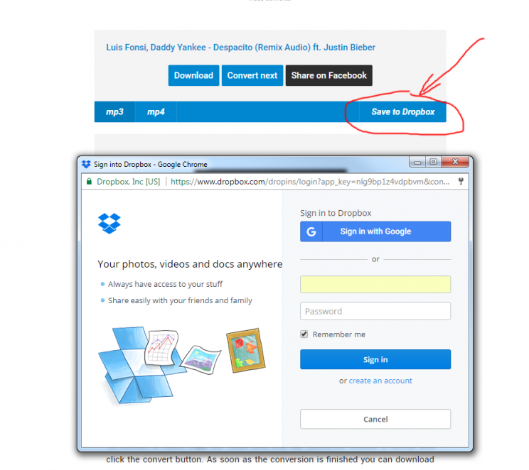 ytmp3.cc review and tutorial youtube to mp3 step 4 download to dropbox option