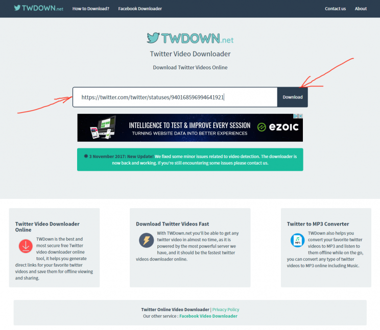 twdown.net twitter video downloader review tutorial step 2 enter video URL on twdown and press download