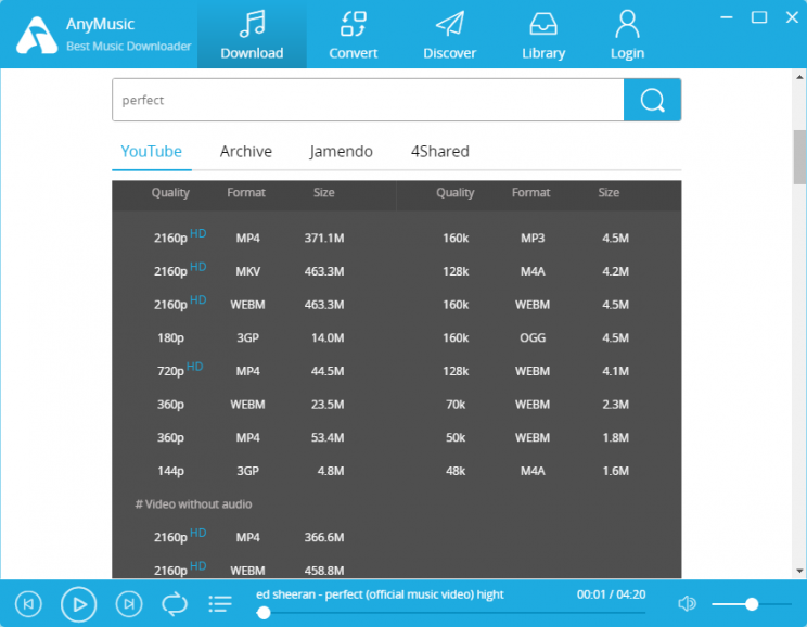anymusic best music downloader screenshot 2 many available formats to download video and convert to audio if desired