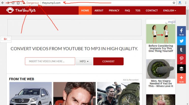 theyoump3 doesn't work anymore screenshot 4 see how google chrome reports this site as dangerous