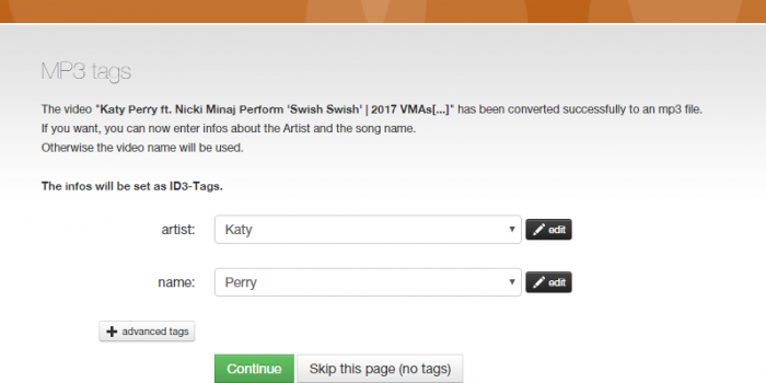 convert2mp3.net download youtube to mp3 tutorial step 4 adjust id tags and stop start