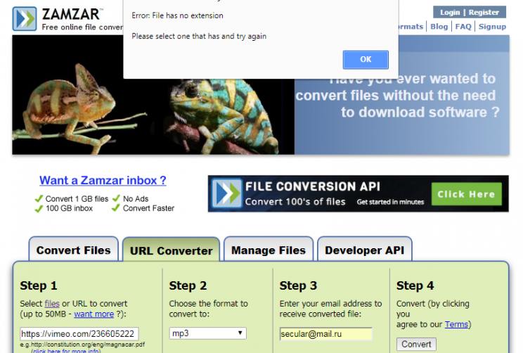 zamzar.com review tutorial step 4 vimeo conversion fail