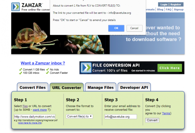zamzar.com review tutorial step 5 about to conert dailymotion video