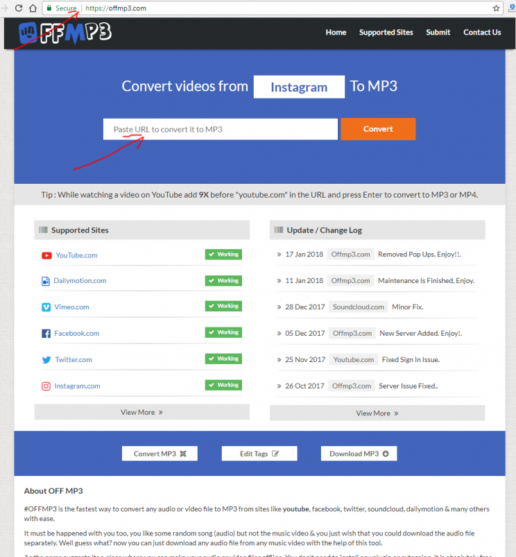 OffMp3.com review tutorial youtube mp3 converter step 1 front page