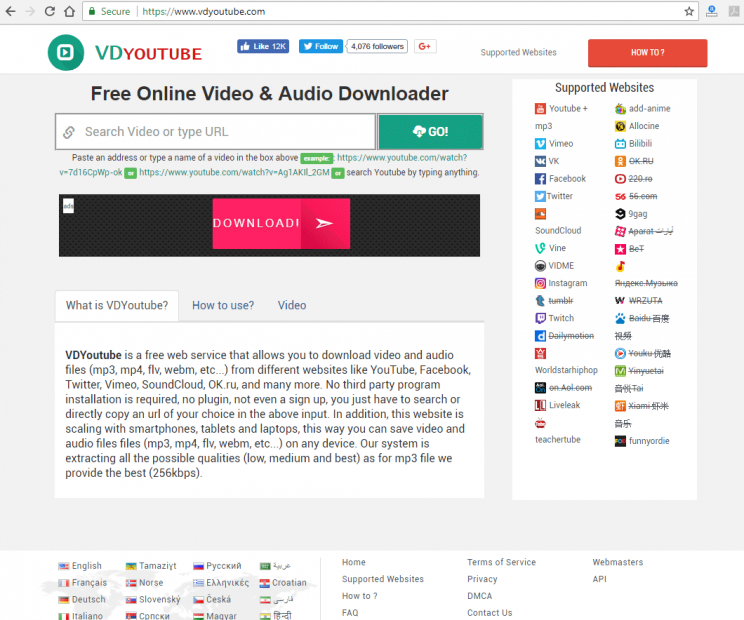 vdyoutube.com video downloader review tutorial step 1 front page