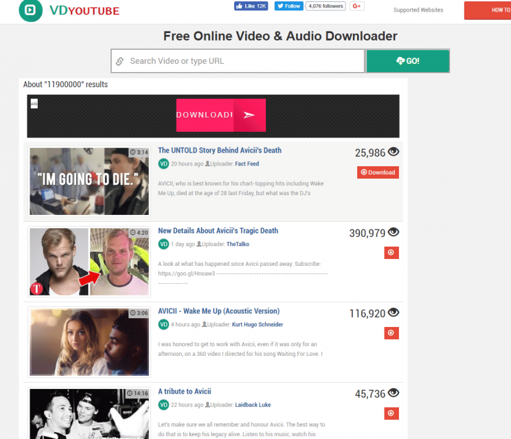 vdyoutube.com video downloader review tutorial step 2 search for AVICII