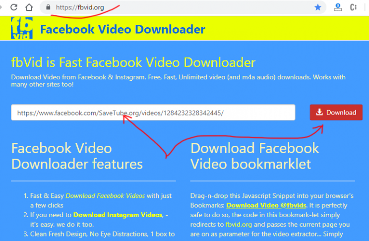 fbvid.org facebook downloader review tutorial step 1 open front page