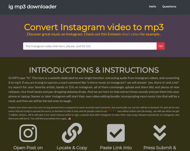 front page of the website ig mp3 download