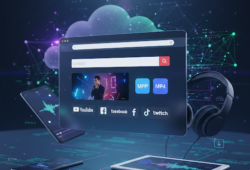 ​Digital media conversion concept showing CnvMP3 interface on a tablet and smartphone with high-quality headphones, representing fast MP3 and MP4 downloads from social media platforms.