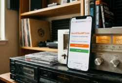 SoundCloudMP3.me downloader displayed on a phone next to a vintage Pioneer receiver and vinyl records.