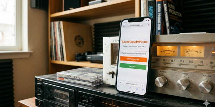 SoundCloudMP3.me downloader displayed on a phone next to a vintage Pioneer receiver and vinyl records.