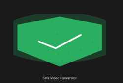 A conceptual cybersecurity graphic showing a green safety shield and checkmark over a dark digital background representing safe video conversion.