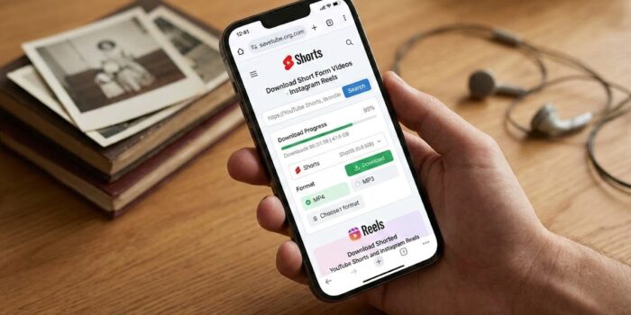 Here are a few options for the image alt text, ranging from highly descriptive to heavily SEO-optimized: Option 1: Best balance of SEO and description (Recommended) "Person holding a smartphone using a website to download YouTube Shorts and Instagram Reels for offline viewing" Why it works: It accurately describes exactly what is in the photo for visually impaired users (which is the primary purpose of alt text) while naturally stuffing in your main target keywords. Option 2: Heavy SEO focus "Mobile phone screen showing a free online video downloader tool for YouTube Shorts and Instagram Reels