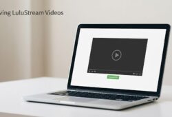 Minimalist laptop showing a video player with a direct MP4 download link for LuluStream videos.