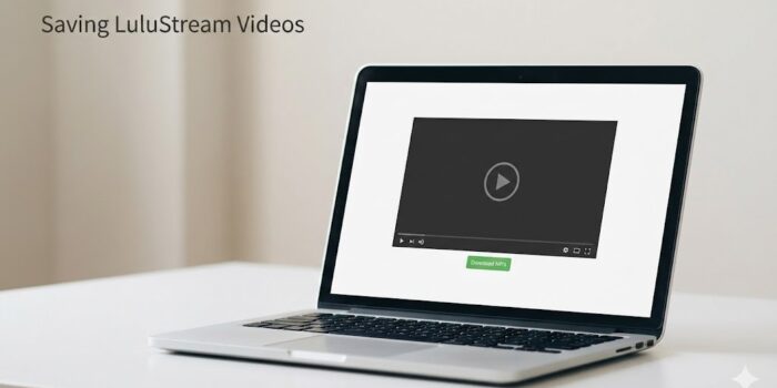 Minimalist laptop showing a video player with a direct MP4 download link for LuluStream videos.